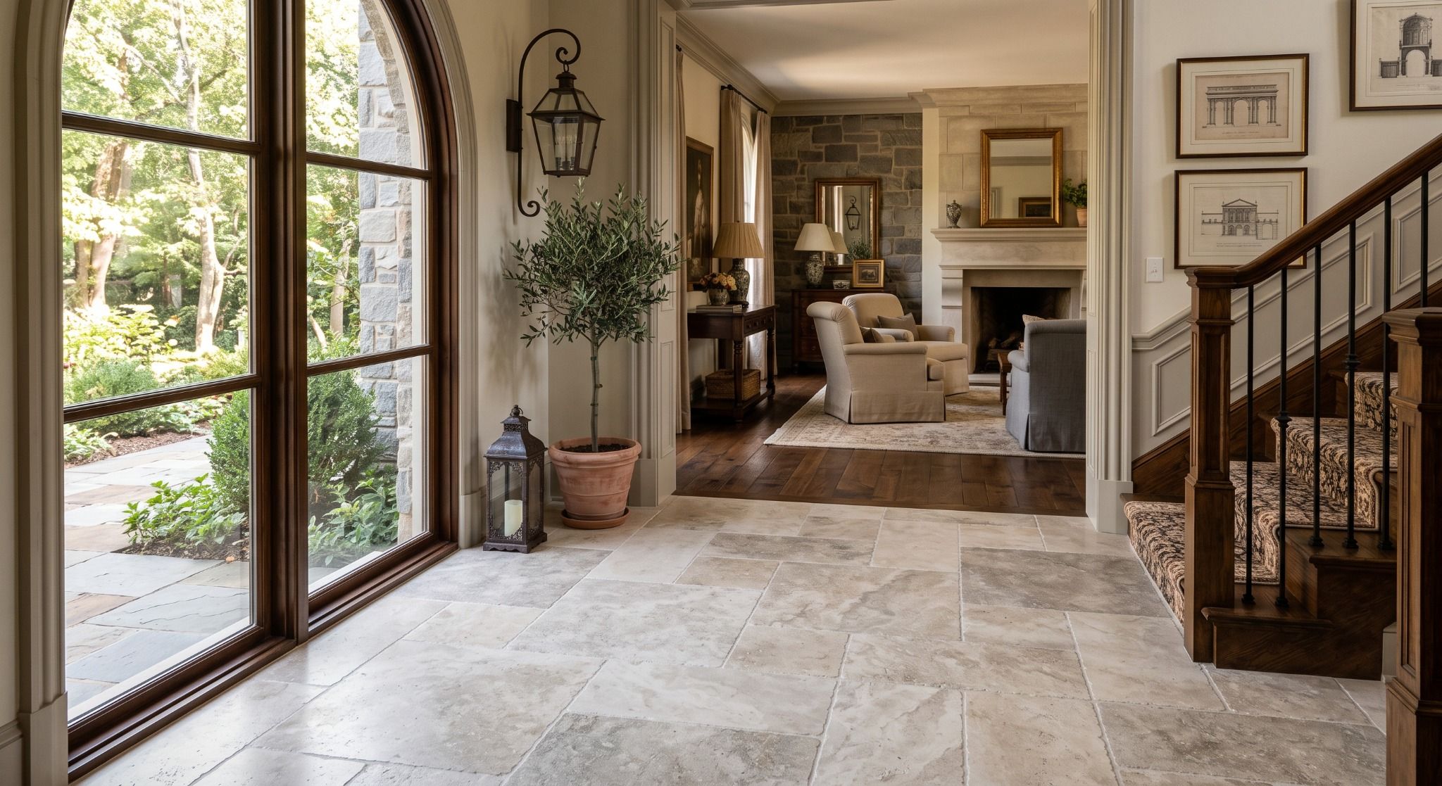 Natural stone tile flooring transitioning to hardwood flooring in a traditional home entryway