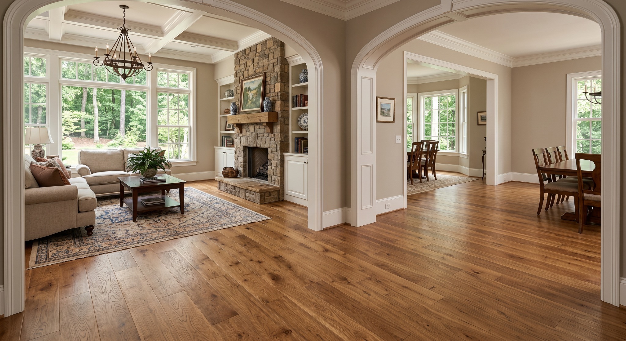 Warm-toned hardwood flooring throughout an open-concept living and dining area